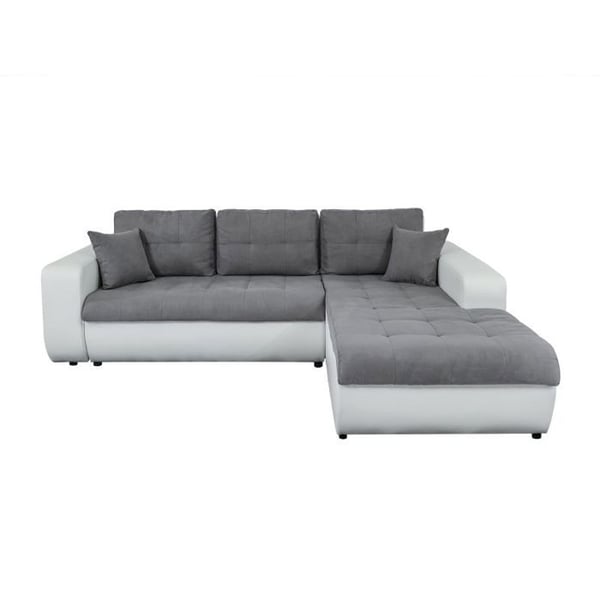 Canapé d'Angle Convertible SUZIE en Simili et Microfibre - Angle Droit, Blanc et Gris