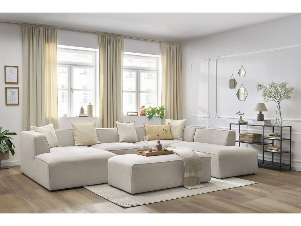 Produit similaire: Canapé panoramique fixe MEGEVE avec pouf tissu chiné beige angle gauche BOBOCHIC 6 places