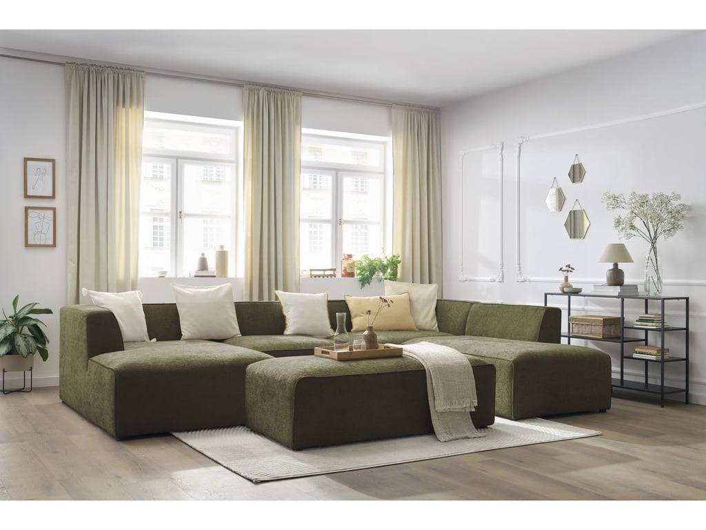 Produit similaire: Canapé panoramique fixe MEGEVE avec pouf tissu texturé vert angle gauche BOBOCHIC 6 places