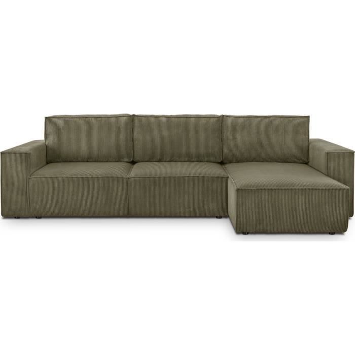 Produit similaire: Canapé d'angle convertible réversible 5 places avec coffre de rangement en velours côtelé vert kaki - Harper