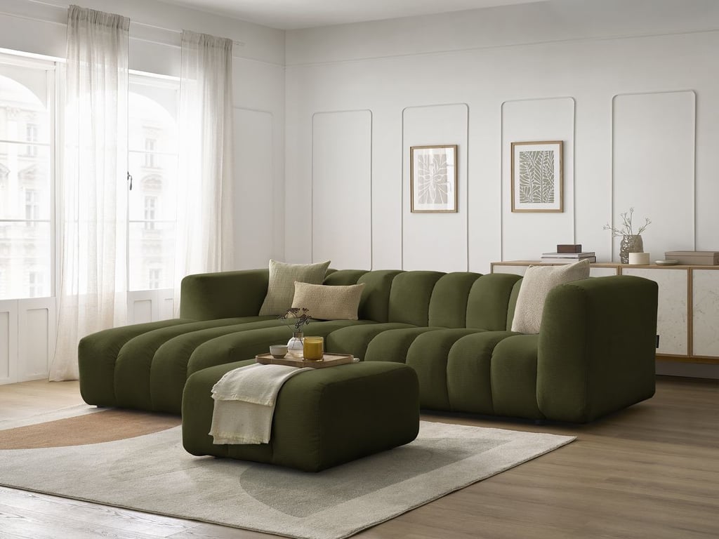 Produit similaire: Canapé d'angle fixe TALIA tissu chiné avec pouf vert angle gauche BOBOCHIC 4 places