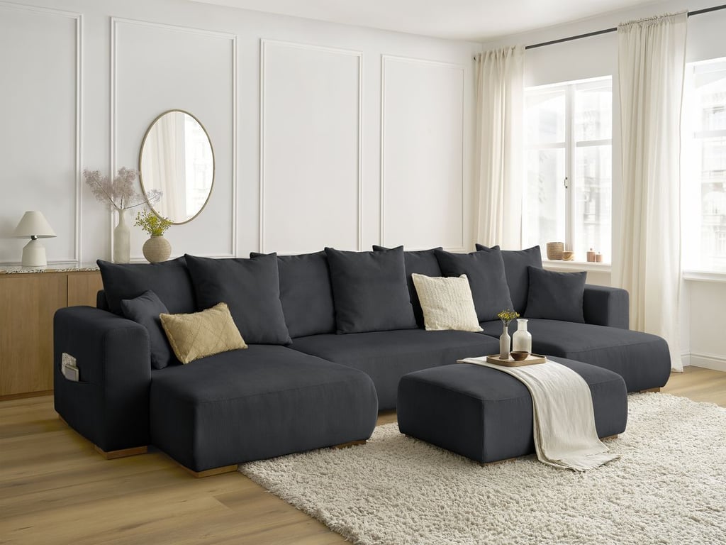 Produit similaire: Canapé panoramique convertible réversible coffre SIDONIE velours côtelé avec pouf noir BOBOCHIC 5 places