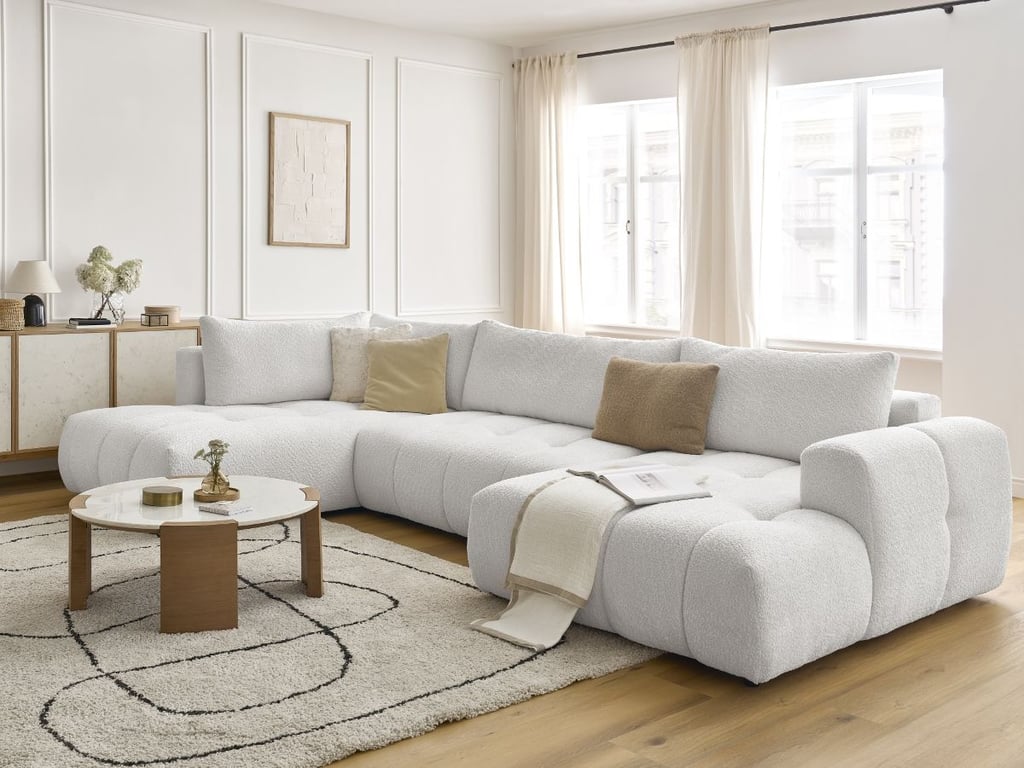 Canapé d'angle panoramique convertible FUJI tissu bouclette avec pouf blanc  angle droit BOBOCHIC 5 places