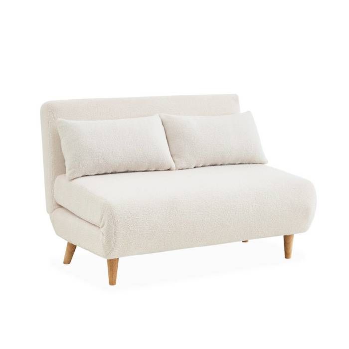 Produit similaire: Canapé convertible en tissu bouclettes blanches- Guesta - 2 places scandinave. pieds bois foncé. banquette. dossier inclinable