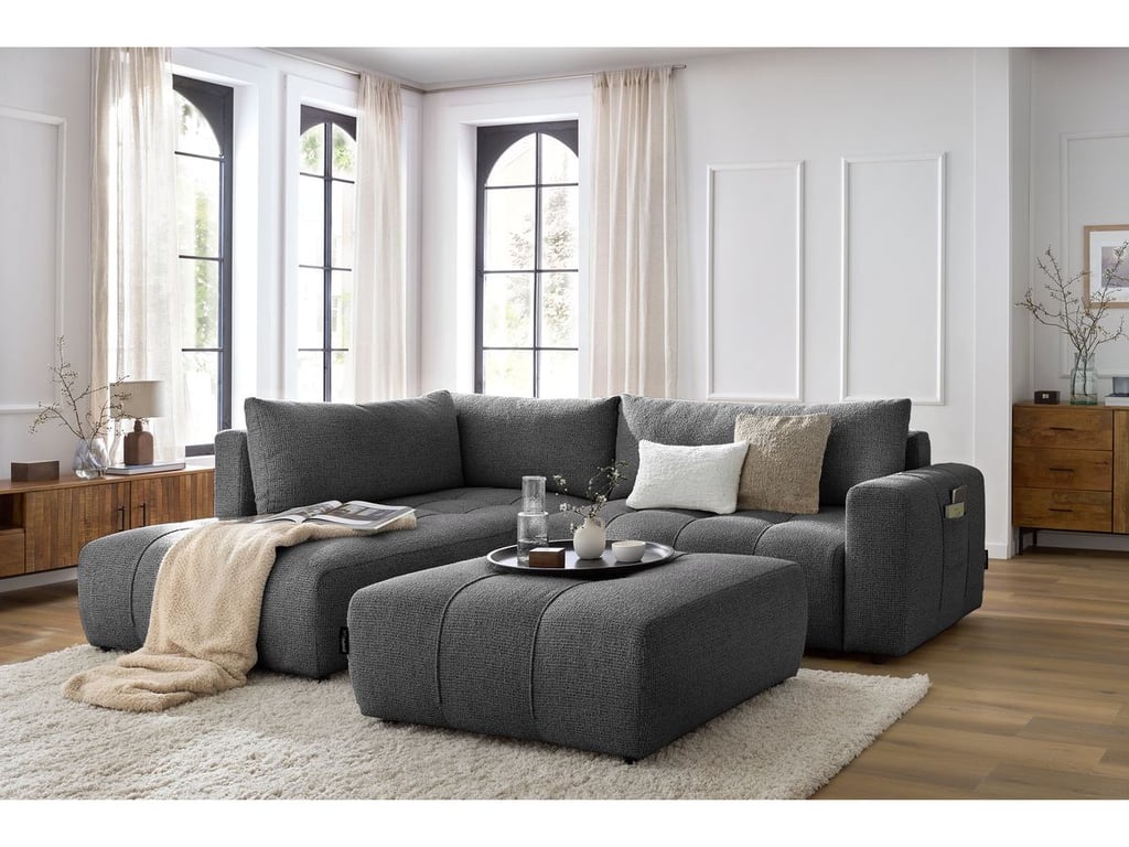 Produit similaire: Canapé d'angle L convertible coffre ARSENE avec pouf gris foncé angle gauche BOBOCHIC 4 places