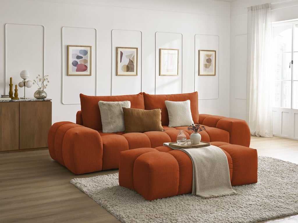 Produit similaire: Canapé droit fixe 3 places EVEREST tissu texturé avec pouf orange BOBOCHIC