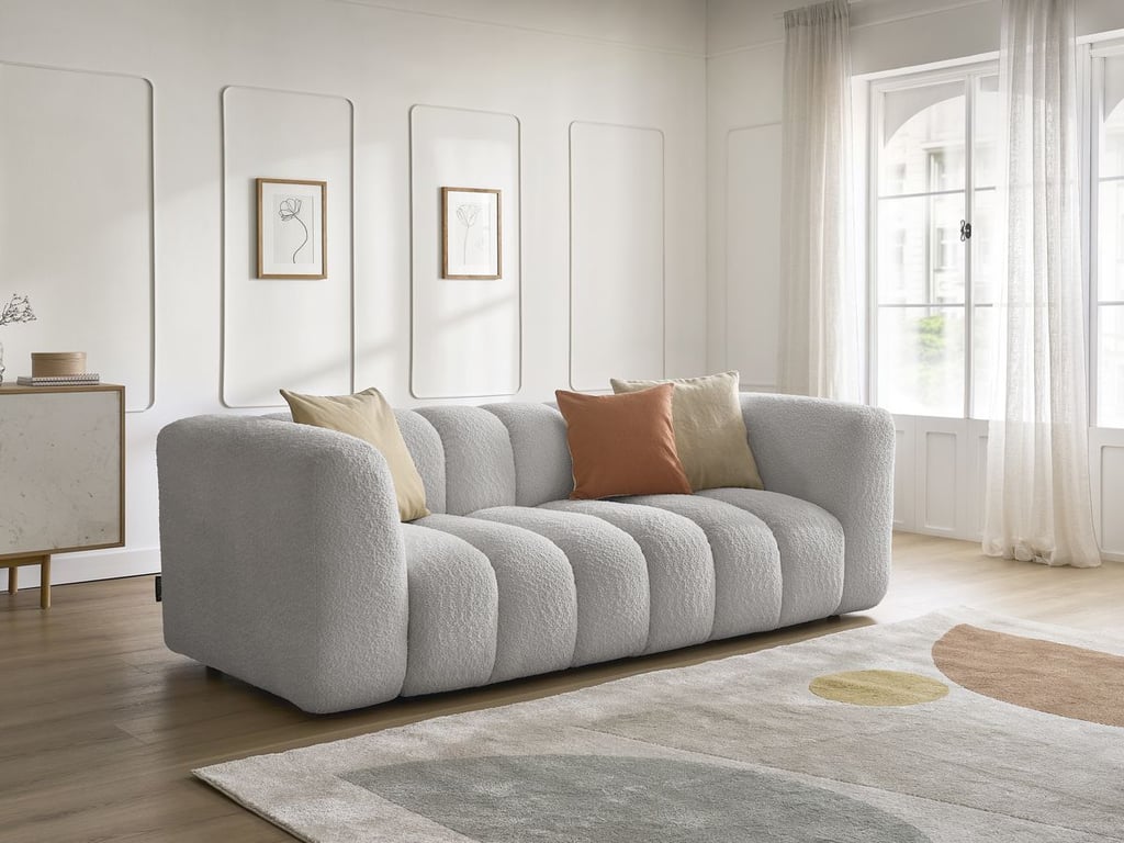 Produit similaire: Canapé droit fixe 3 places TALIA tissu bouclette gris clair BOBOCHIC