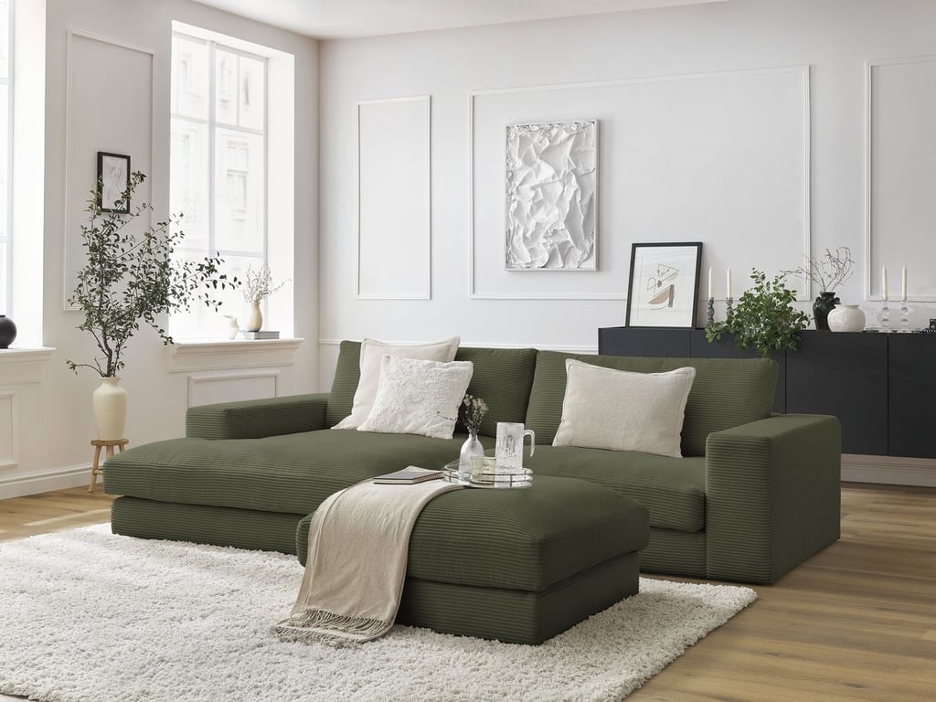 Produit similaire: Canapé d'angle fixe compact LEONARD velours côtelé avec pouf vert clair angle gauche BOBOCHIC 3 places