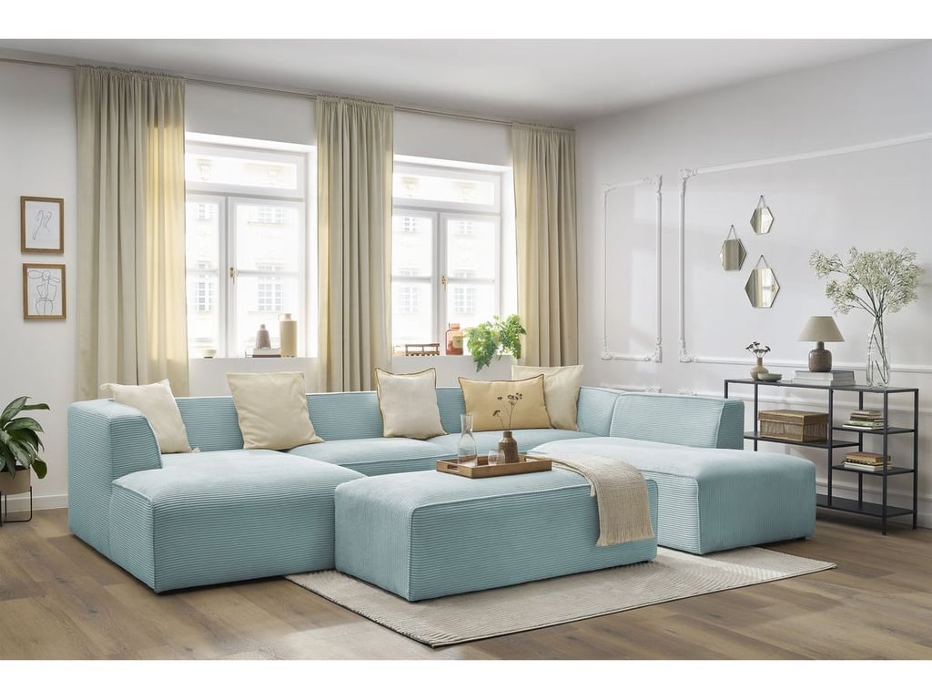 Produit similaire: Canapé panoramique fixe MEGEVE avec pouf tissu velours côtelé bleu clair angle gauche BOBOCHIC 6 places