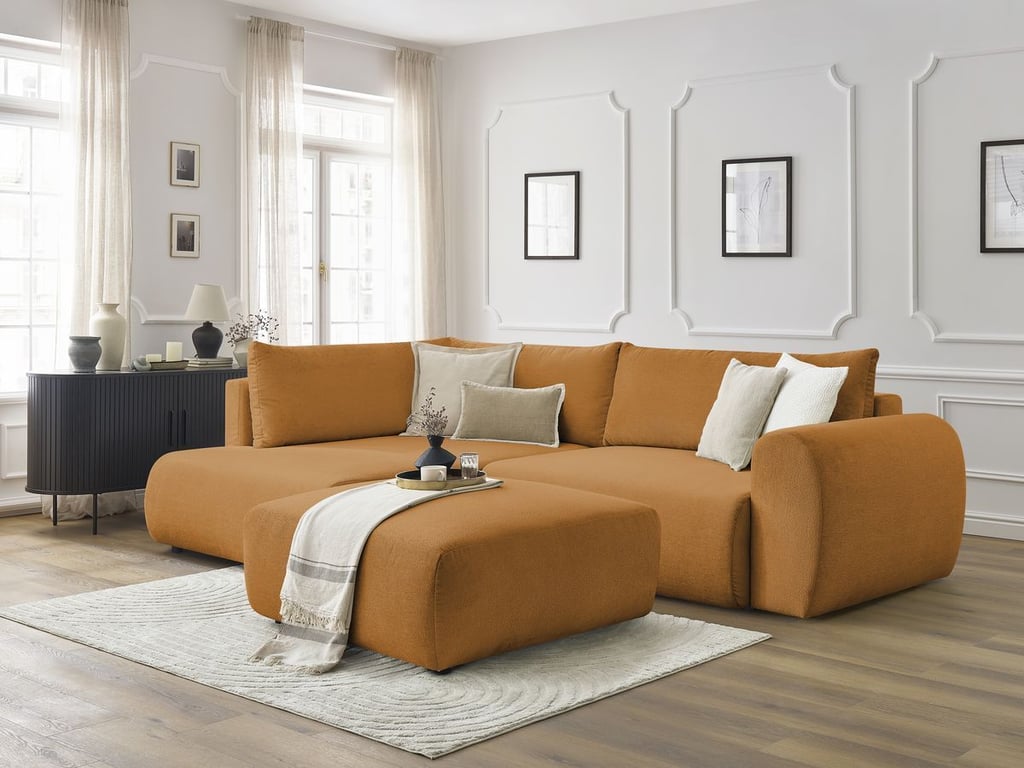 Produit similaire: Canapé d'angle L convertible coffre LUCIEN tissu lisse avec pouf jaune angle gauche BOBOCHIC 4 places