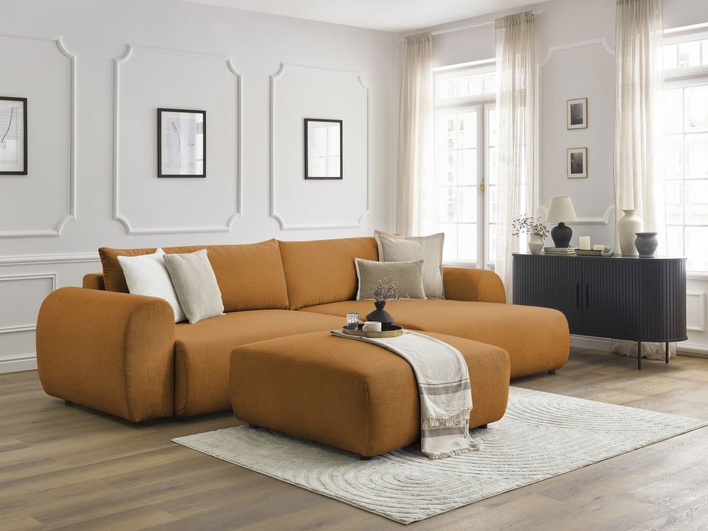 Produit similaire: Canapé d'angle convertible coffre LUCIEN tissu lisse avec pouf jaune angle droit BOBOCHIC 5 places