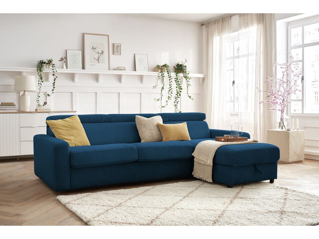 Produit similaire: Canapé d'angle réversible convertible coffre MONACO velours côtelé bleu foncé 140x190 réversible BOBOCHIC 4 places