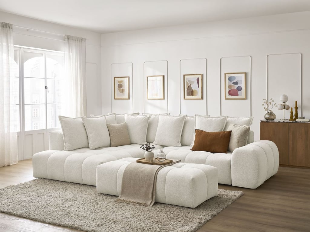 Produit similaire: Canapé d'angle L convertible coffre EVEREST tissu chiné avec pouf blanc angle gauche BOBOCHIC 4 places