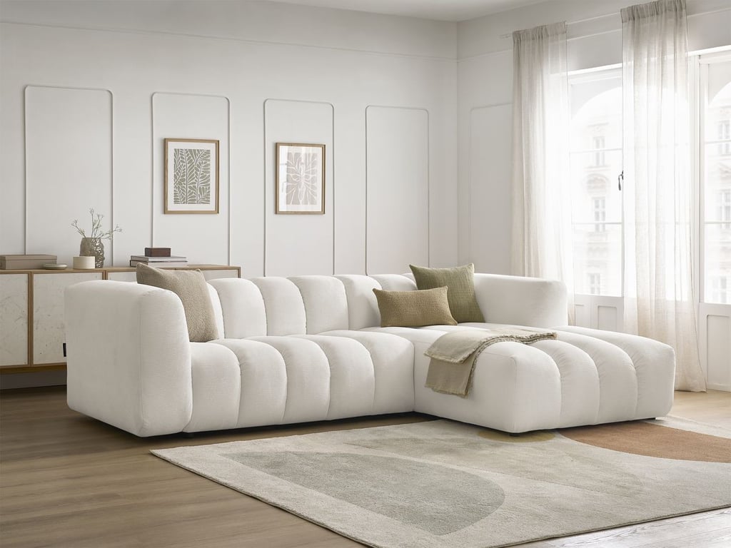 Produit similaire: Canapé d'angle fixe TALIA tissu chiné blanc angle droit BOBOCHIC 3 places