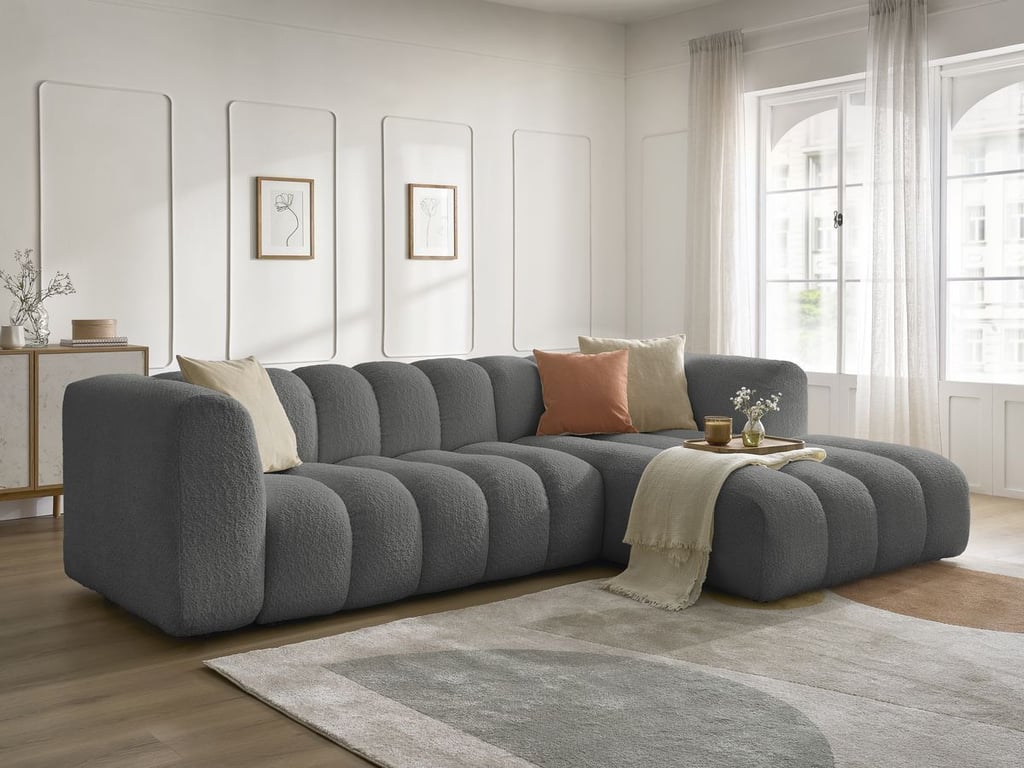 Produit similaire: Canapé d'angle fixe TALIA tissu bouclette gris foncé angle droit BOBOCHIC 4 places