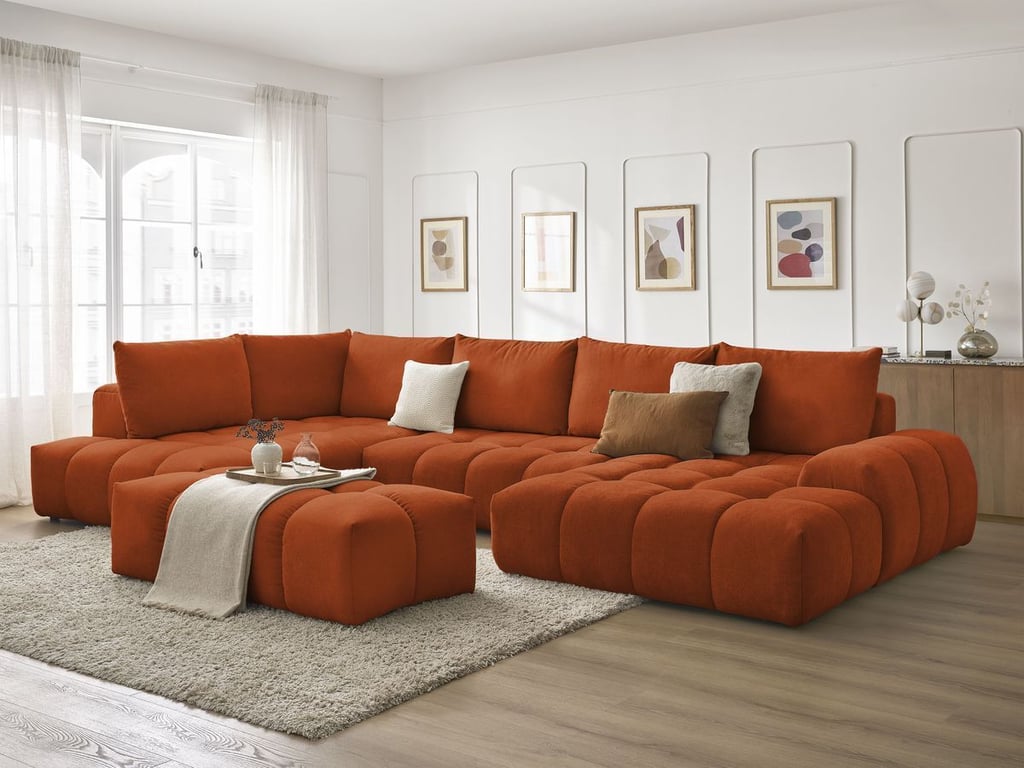 Produit similaire: Canapé panoramique convertible coffre EVEREST tissu texturé avec pouf orange angle droit BOBOCHIC 7 places