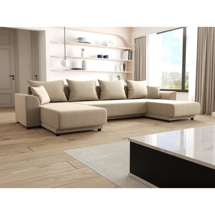 Produit similaire: Canapé d'angle panoramique convertible en tissu beige NESSARO