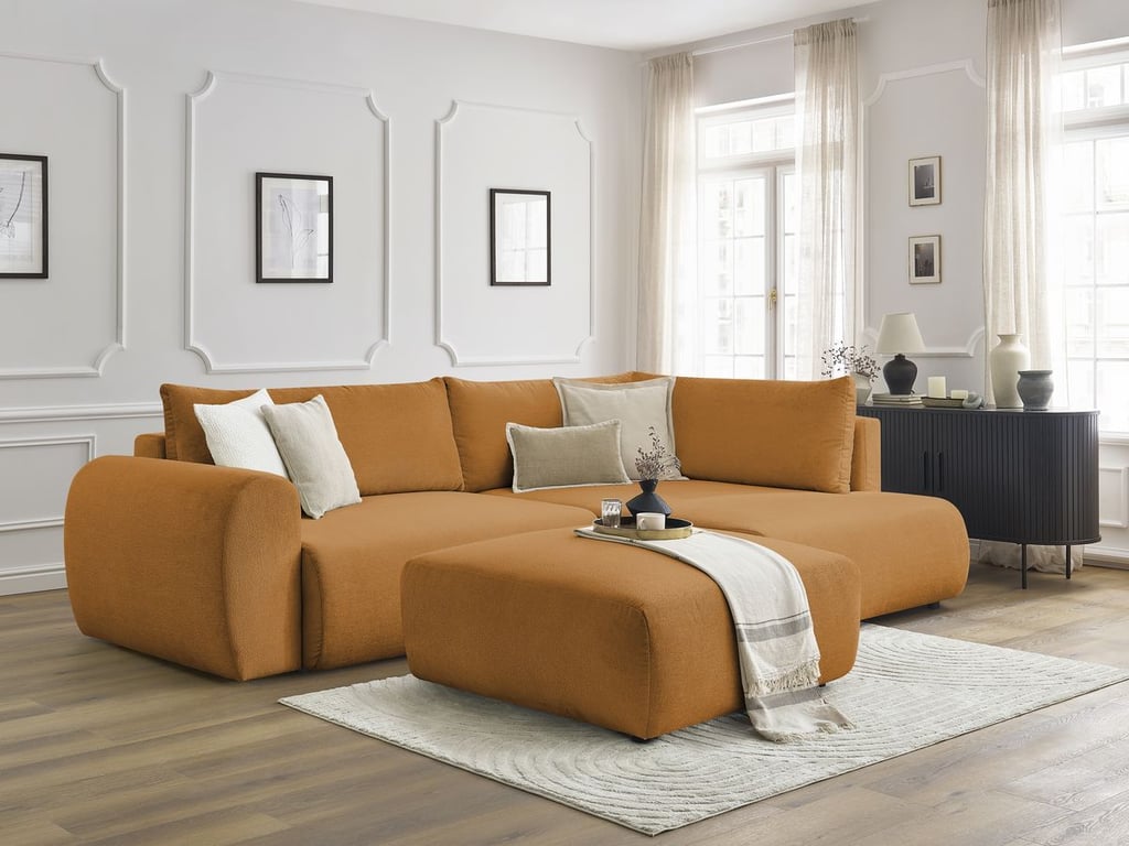 Produit similaire: Canapé d'angle L convertible coffre LUCIEN tissu lisse avec pouf jaune angle droit BOBOCHIC 4 places