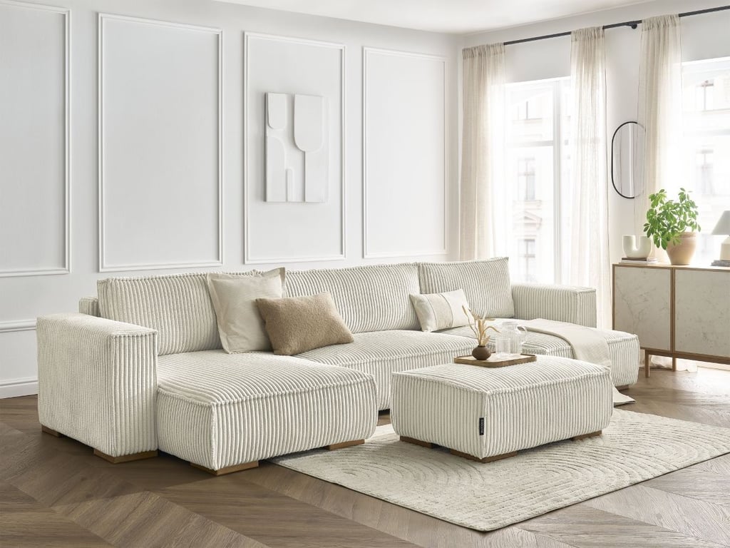 Produit similaire: Canapé panoramique convertible coffre CHELSEA gros côtelé doux avec pouf beige BOBOCHIC 5 places