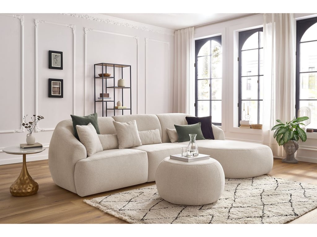 Produit similaire: Canapé d'angle fixe ALESIA avec pouf tissu chiné beige angle droit BOBOCHIC 4 places