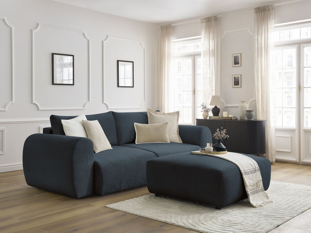 Produit similaire: Canapé droit convertible coffre LUCIEN tissu lisse avec pouf bleu foncé BOBOCHIC 4 places