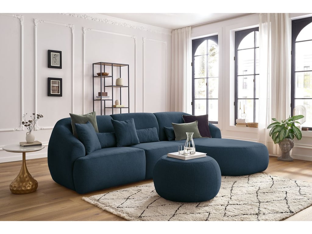 Produit similaire: Canapé d'angle fixe ALESIA avec pouf tissu chiné bleu foncé angle droit BOBOCHIC 4 places