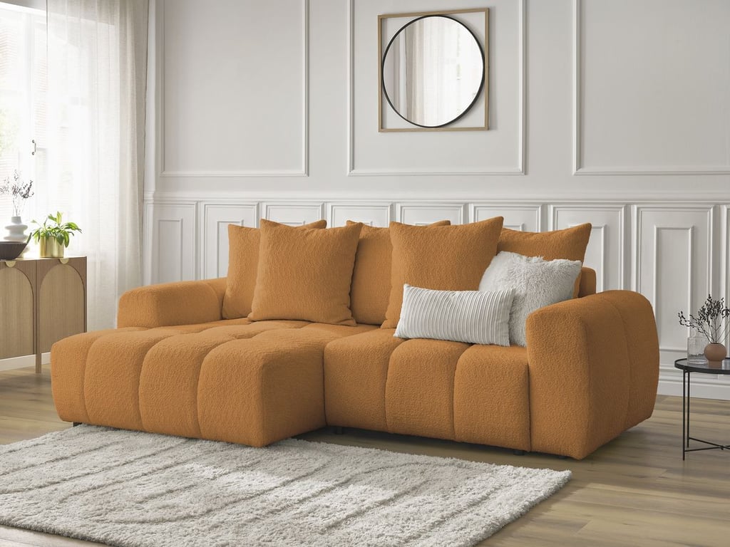 Produit similaire: Canapé d'angle convertible coffre ROXELANE tissu bouclette jaune angle gauche BOBOCHIC 3 places