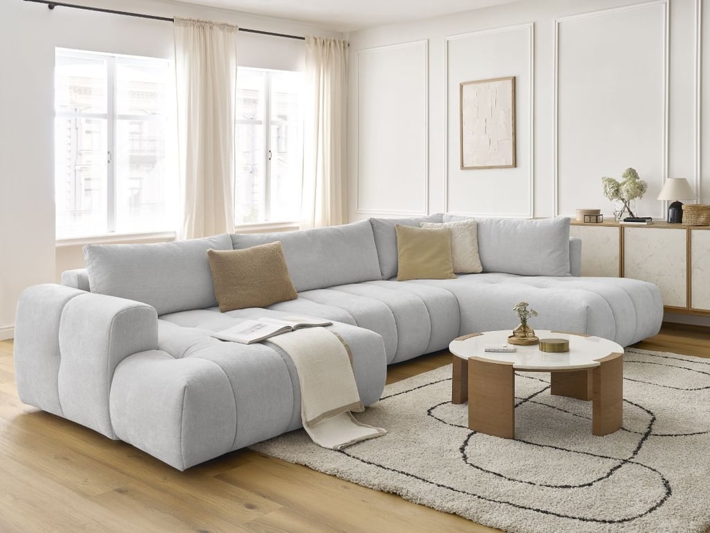 Produit similaire: Canapé d'angle panoramique convertible FUJI tissu lisse gris clair angle gauche BOBOCHIC 5 places