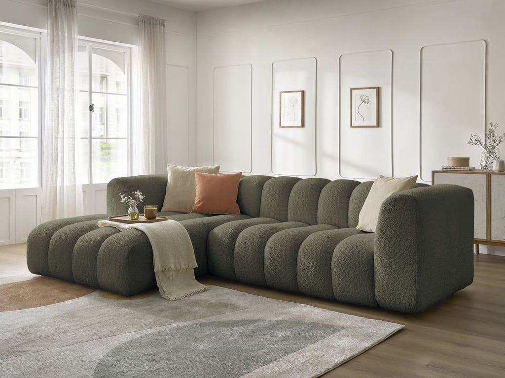 Produit similaire: Canapé d'angle fixe TALIA tissu bouclette vert angle gauche BOBOCHIC 4 places