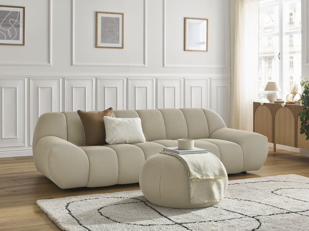 Produit similaire: Canapé HAYDENdroit fixe 3 places tissu mesh avec pouf grand beige BOBOCHIC