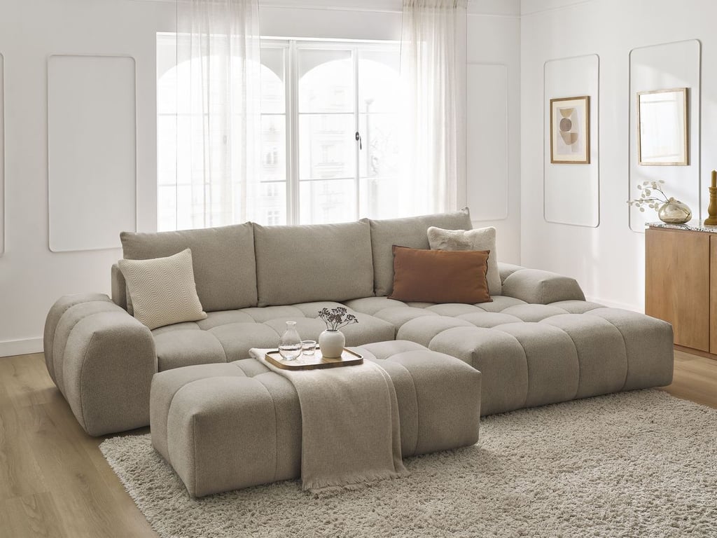 Produit similaire: Canapé d'angle convertible coffre EVEREST tissu chiné avec pouf taupe angle droit BOBOCHIC 4 places