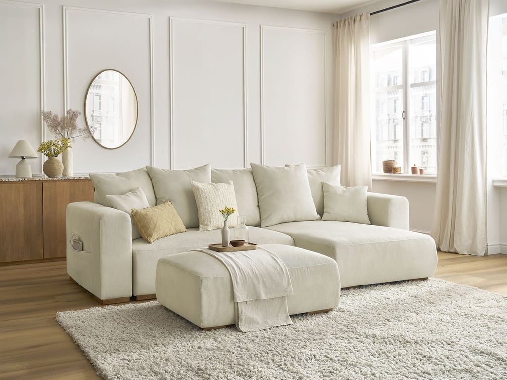 Produit similaire: Canapé d'angle convertible réversible coffre SIDONIE velours côtelé avec pouf beige BOBOCHIC 4 places