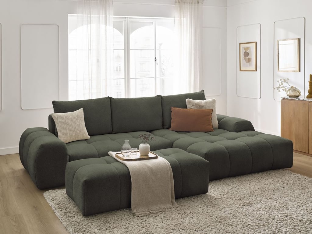 Produit similaire: Canapé d'angle convertible coffre EVEREST tissu chiné avec pouf vert angle droit BOBOCHIC 4 places