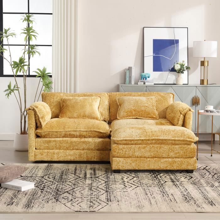 Produit similaire: Canapé 2 places 195x75x81cm - Canapé en forme de L avec repose-pieds, rangements latéraux et coussins - en chenille jaune