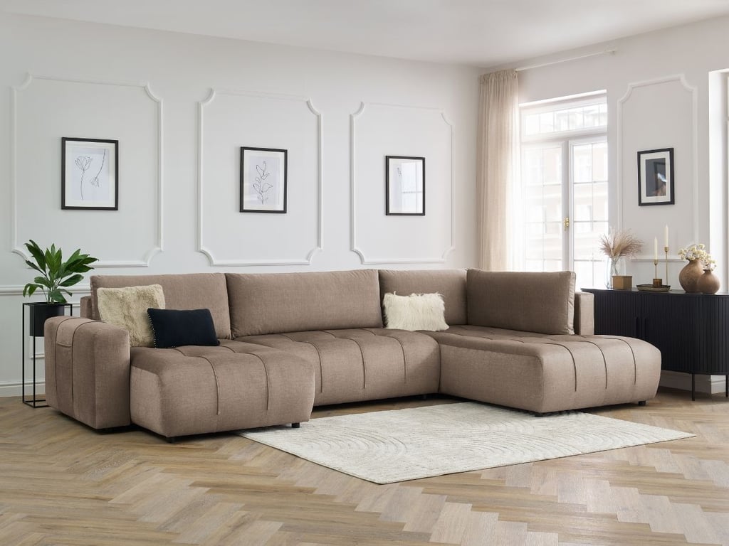 Produit similaire: Canapé panoramique convertible coffre ARSENE tissu velours taupe angle gauche BOBOCHIC 5 places
