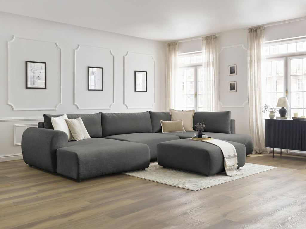 Produit similaire: Canapé panoramique convertible coffre LUCIEN tissu lisse avec pouf gris foncé angle gauche BOBOCHIC 6 places