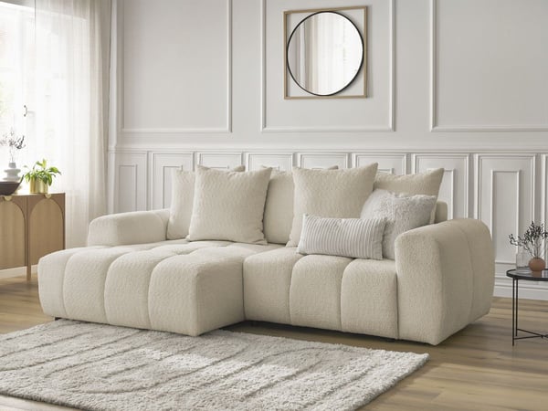 Roxelane canapé d'angle convertible coffre 3 places tissu bouclette beige angle gauche