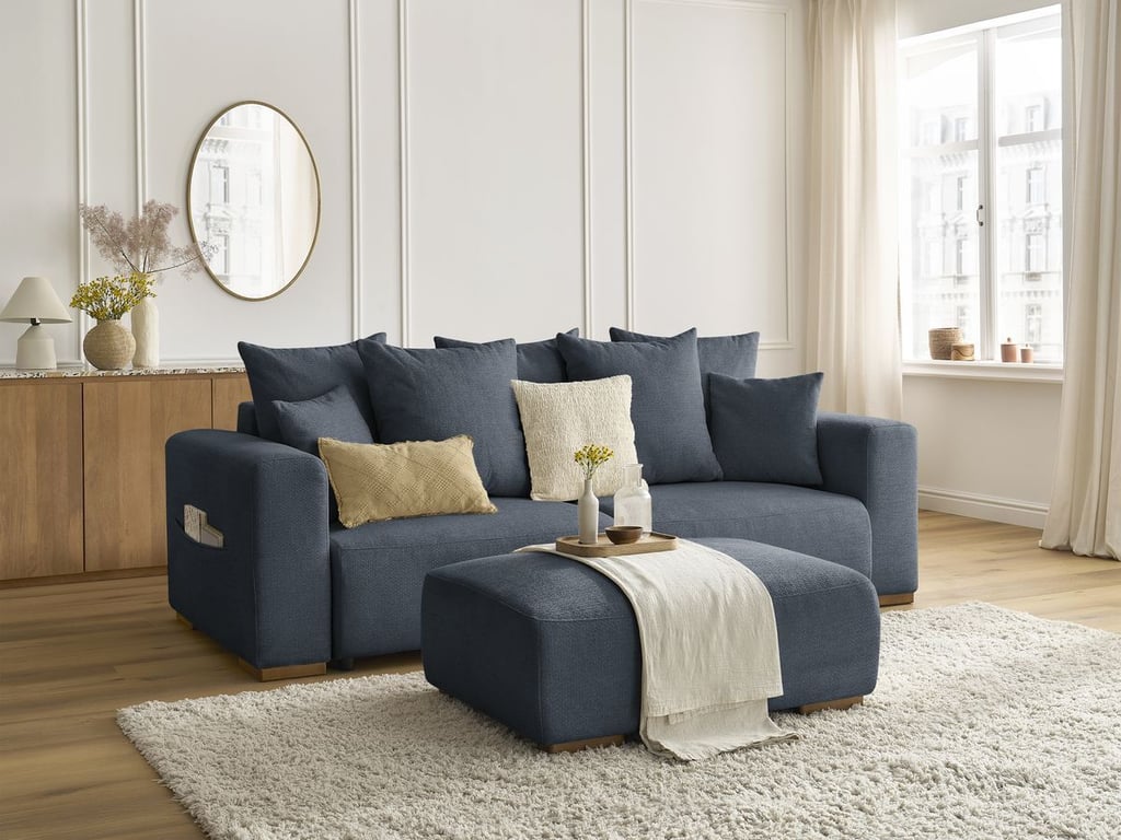 Produit similaire: Canapé droit convertible SIDONIE tissu chiné avec pouf bleu foncé BOBOCHIC 4 places