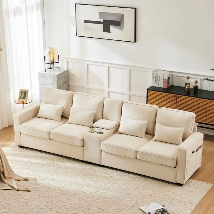 Produit similaire: Canapé Moderne 290×83×88cm - REDOM - Lin Beige - Avec Poches D'Accoudoir Et 4 Coussins, Console Et 2 Porte-gobelets - 4 Places