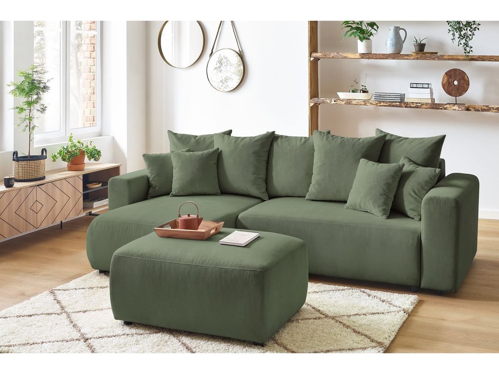 Produit similaire: Canapé d'angle réversible convertible coffre ENVY velours côtelé avec pouf vert BOBOCHIC 4 places