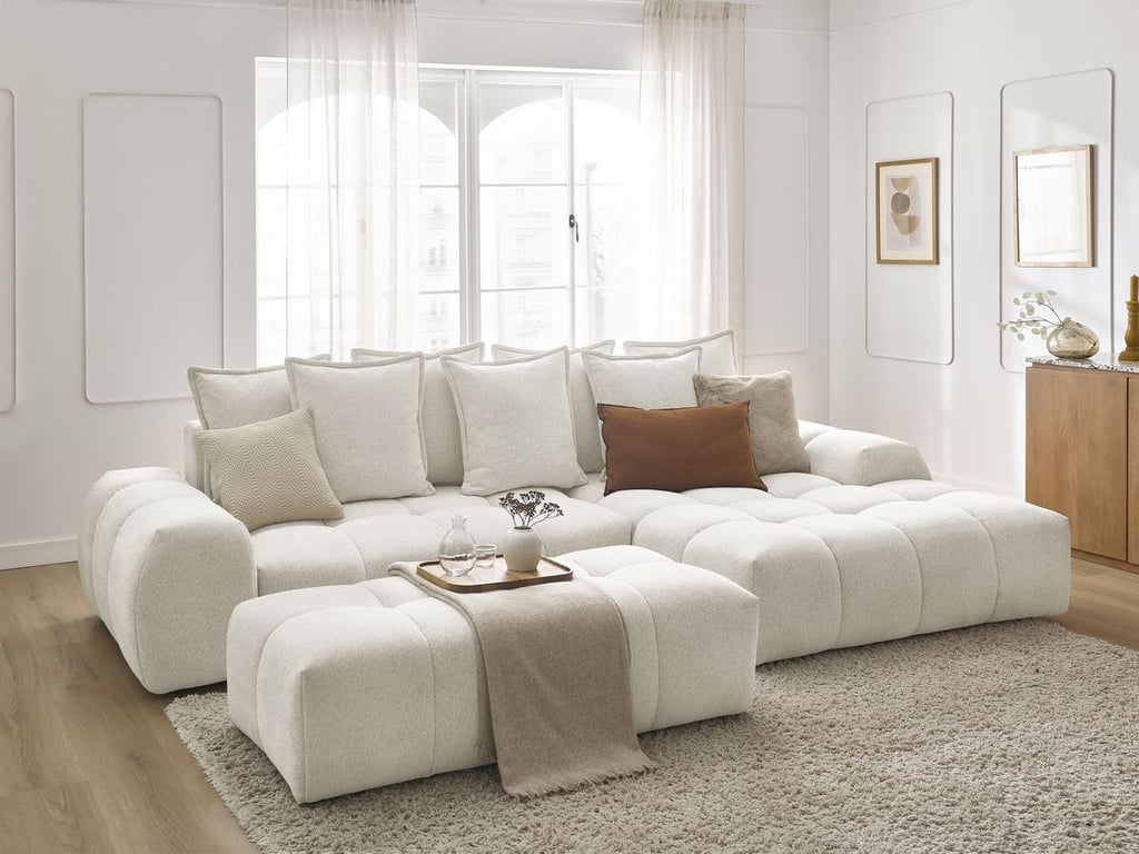 Produit similaire: Canapé d'angle convertible coffre EVEREST tissu chiné avec pouf blanc angle droit BOBOCHIC 4 places