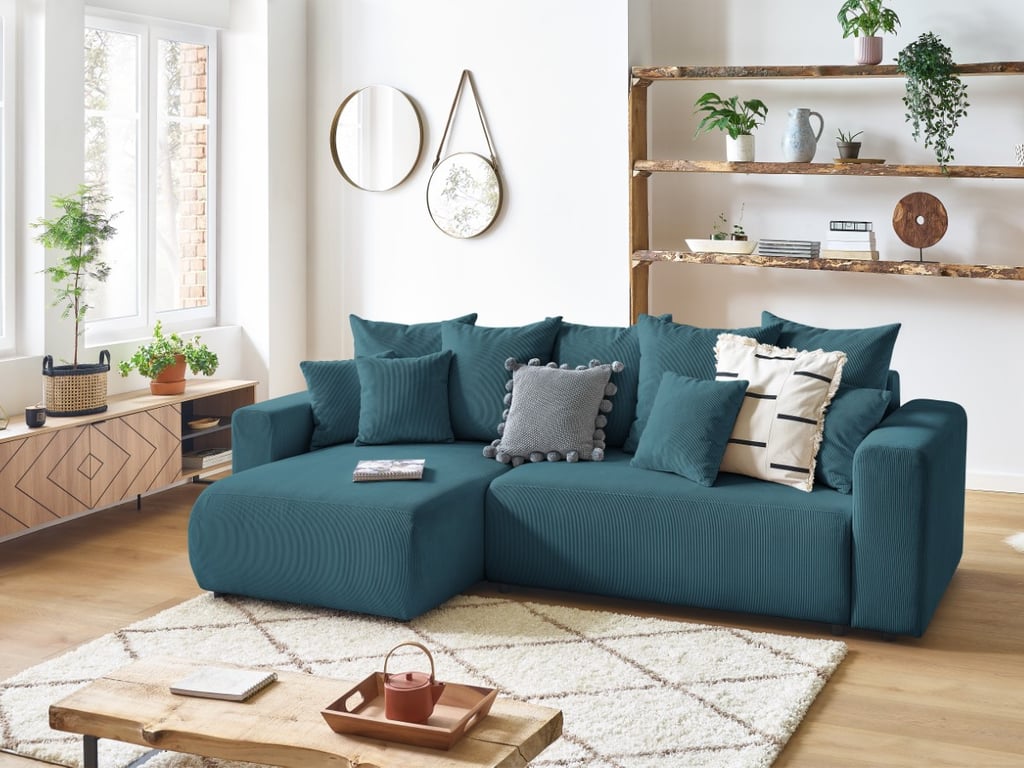 Produit similaire: Canapé d'angle réversible convertible coffre ENVY velours côtelé bleu foncé BOBOCHIC 4 places