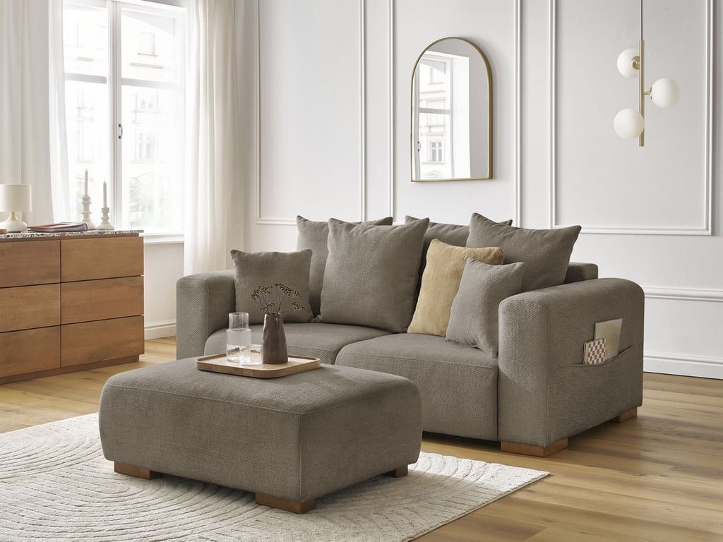 Produit similaire: Canapé droit fixe 2 places SIDONIE tissu chiné avec pouf taupe BOBOCHIC