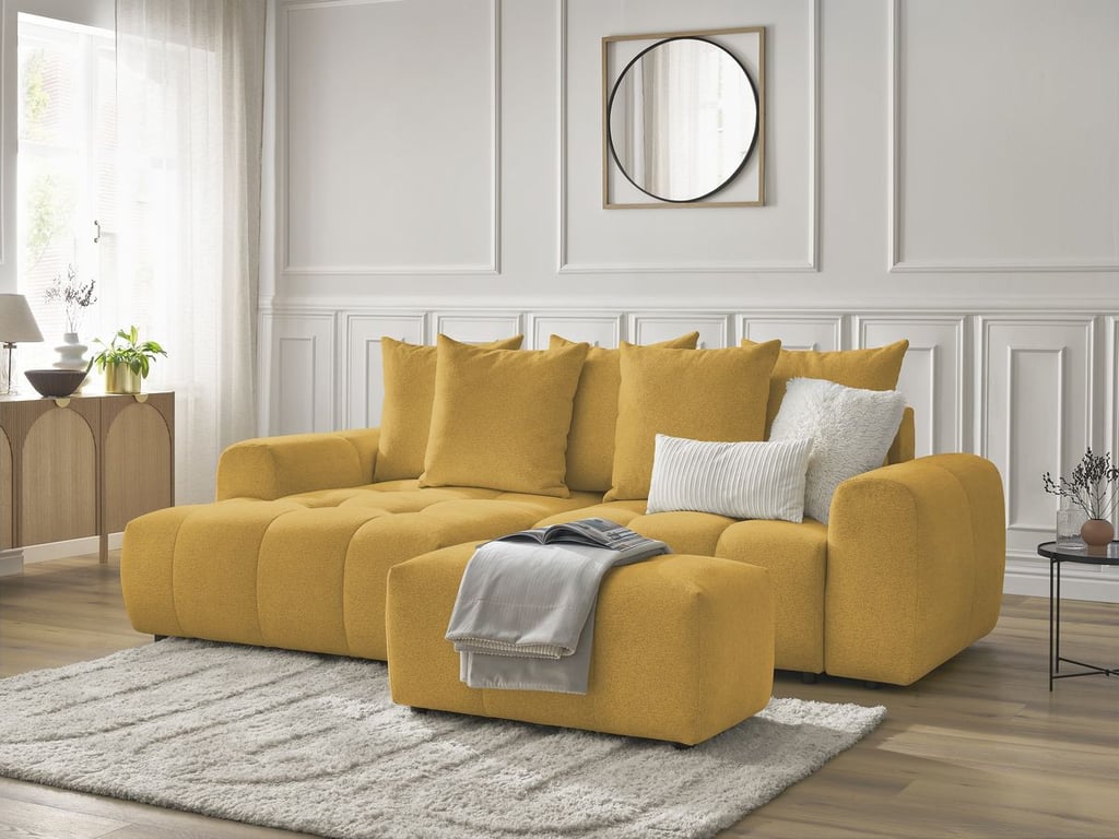 Produit similaire: Canapé d'angle convertible coffre ROXELANE tissu chiné avec pouf jaune angle gauche BOBOCHIC 3 places