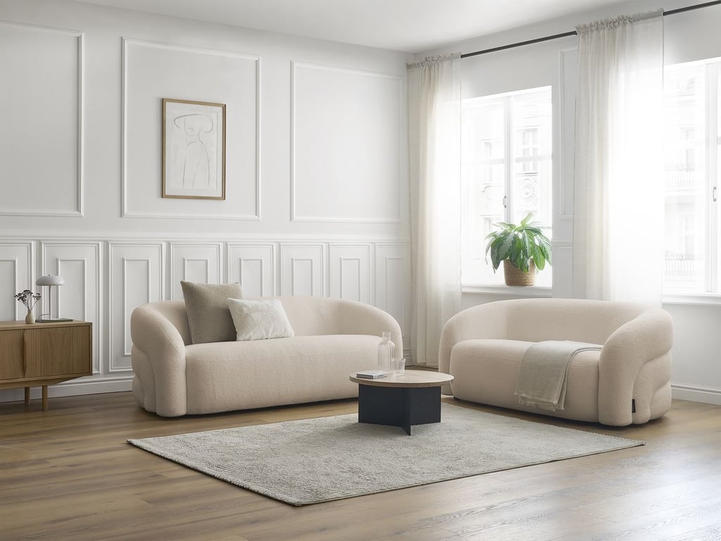 Produit similaire: Ensemble canapé droit fixe 3 + 2 places ELINA tissu bouclette beige BOBOCHIC