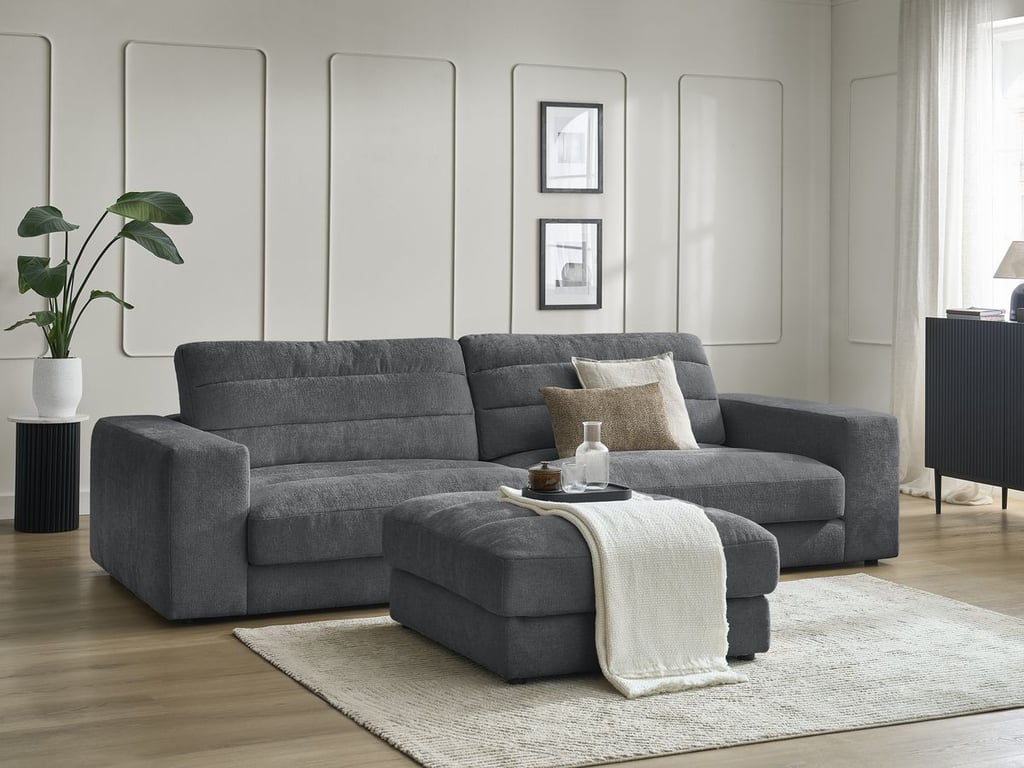 Produit similaire: Canapé droit fixe 3 places SIERRA tissu texturé avec pouf gris foncé BOBOCHIC