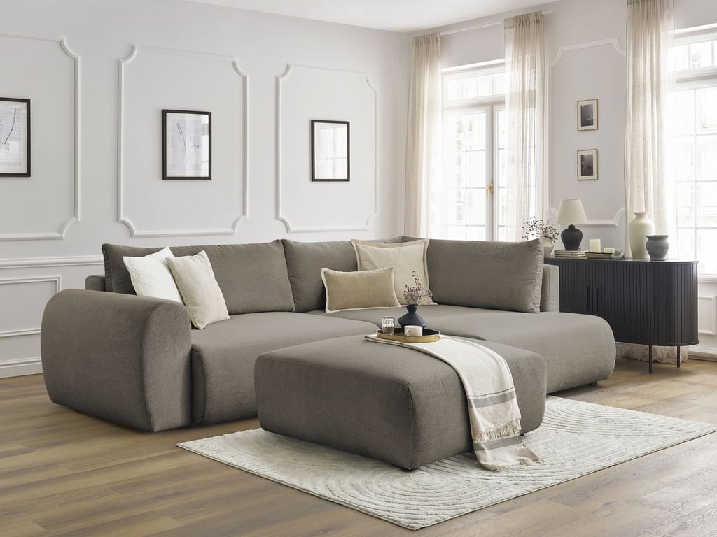 Produit similaire: Canapé d'angle L convertible coffre LUCIEN tissu lisse avec pouf taupe angle droit BOBOCHIC 4 places