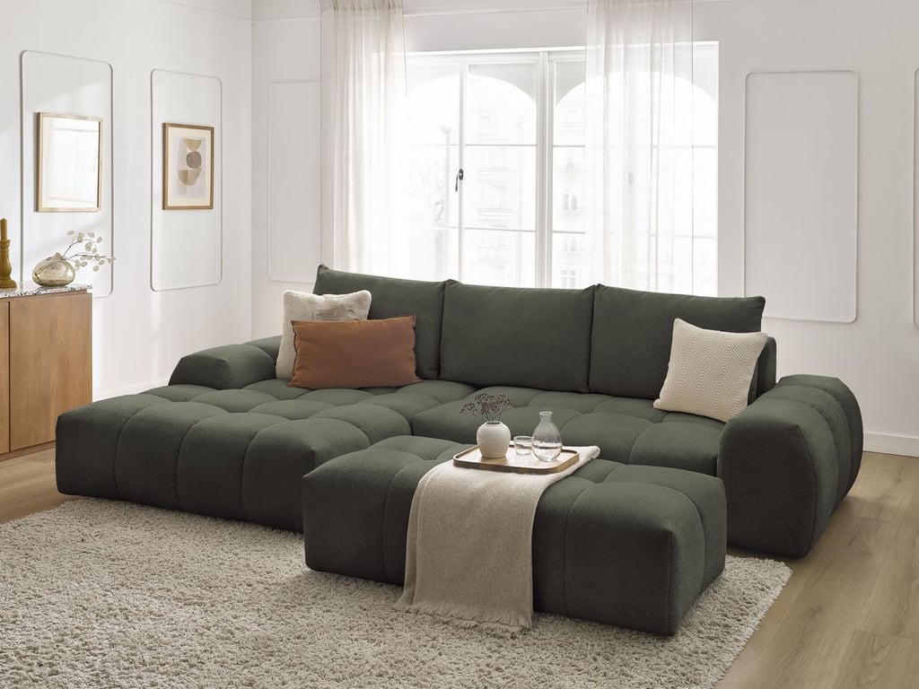 Produit similaire: Canapé d'angle convertible coffre EVEREST tissu chiné avec pouf vert angle gauche BOBOCHIC 4 places