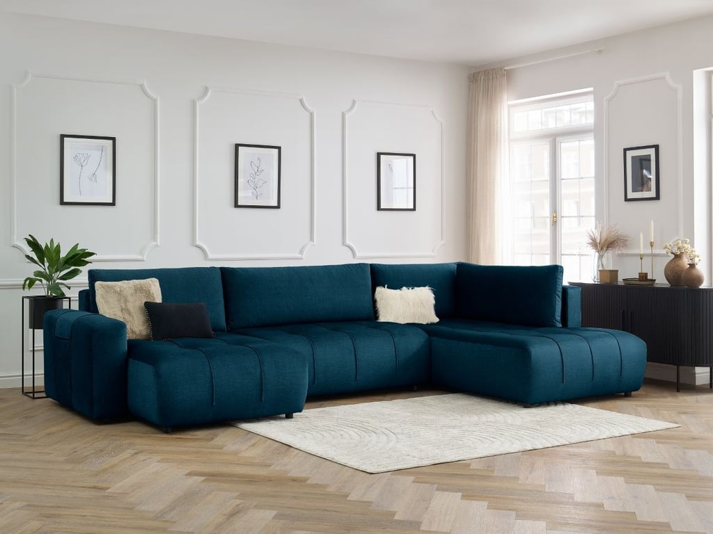 Produit similaire: Canapé panoramique convertible coffre ARSENE tissu velours bleu angle gauche BOBOCHIC 5 places