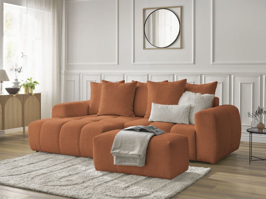 Produit similaire: Canapé d'angle convertible coffre ROXELANE tissu bouclette avec pouf orange angle gauche BOBOCHIC 3 places